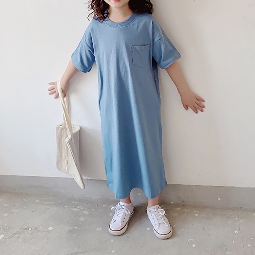 Little Girls Long Chest Pocket T-shirt Dress Blue